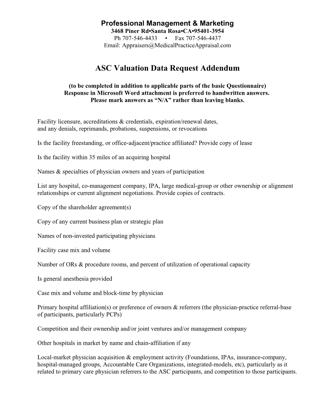 ASC Valuation Data Request Addendum