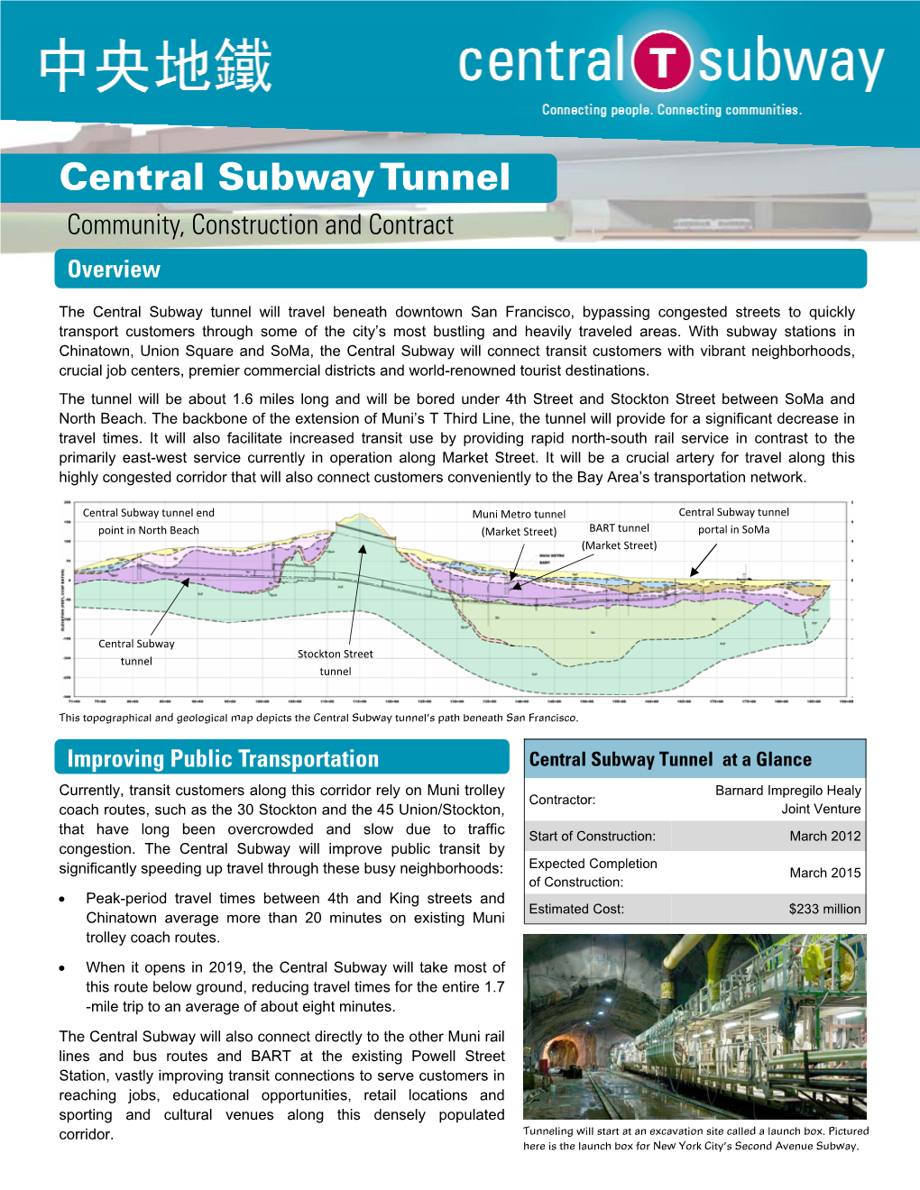 Central Subway Tunnel Community, Construction and Contract Overview