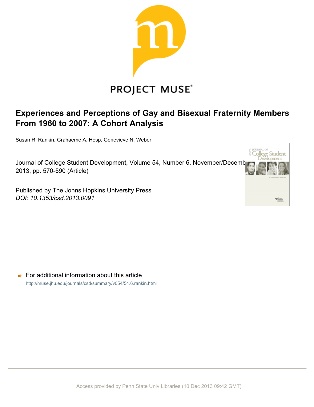 Experiences and Perceptions of Gay and Bisexual Fraternity Members from 1960 to 2007: a Cohort Analysis
