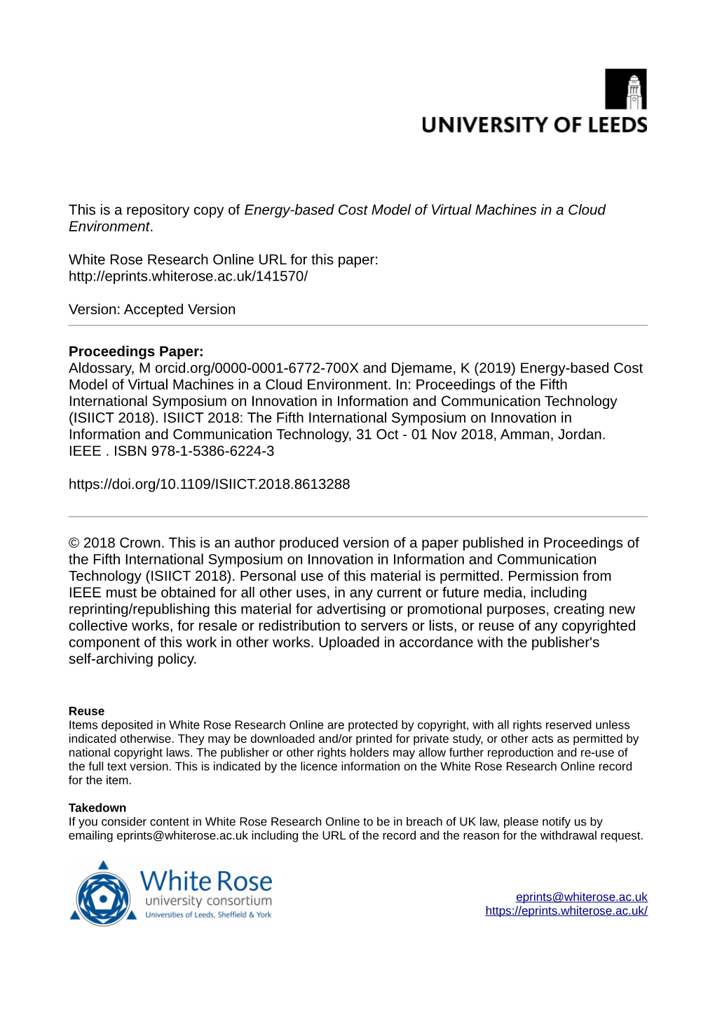 Energy-Based Cost Model of Virtual Machines in a Cloud Environment