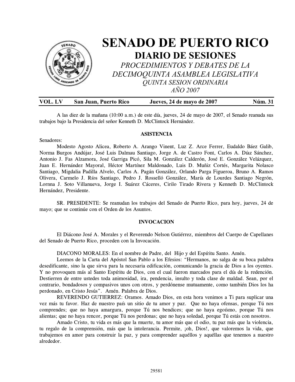 Senado De Puerto Rico Diario De Sesiones Procedimientos Y Debates De La Decimoquinta Asamblea Legislativa Quinta Sesion Ordinaria Año 2007 Vol