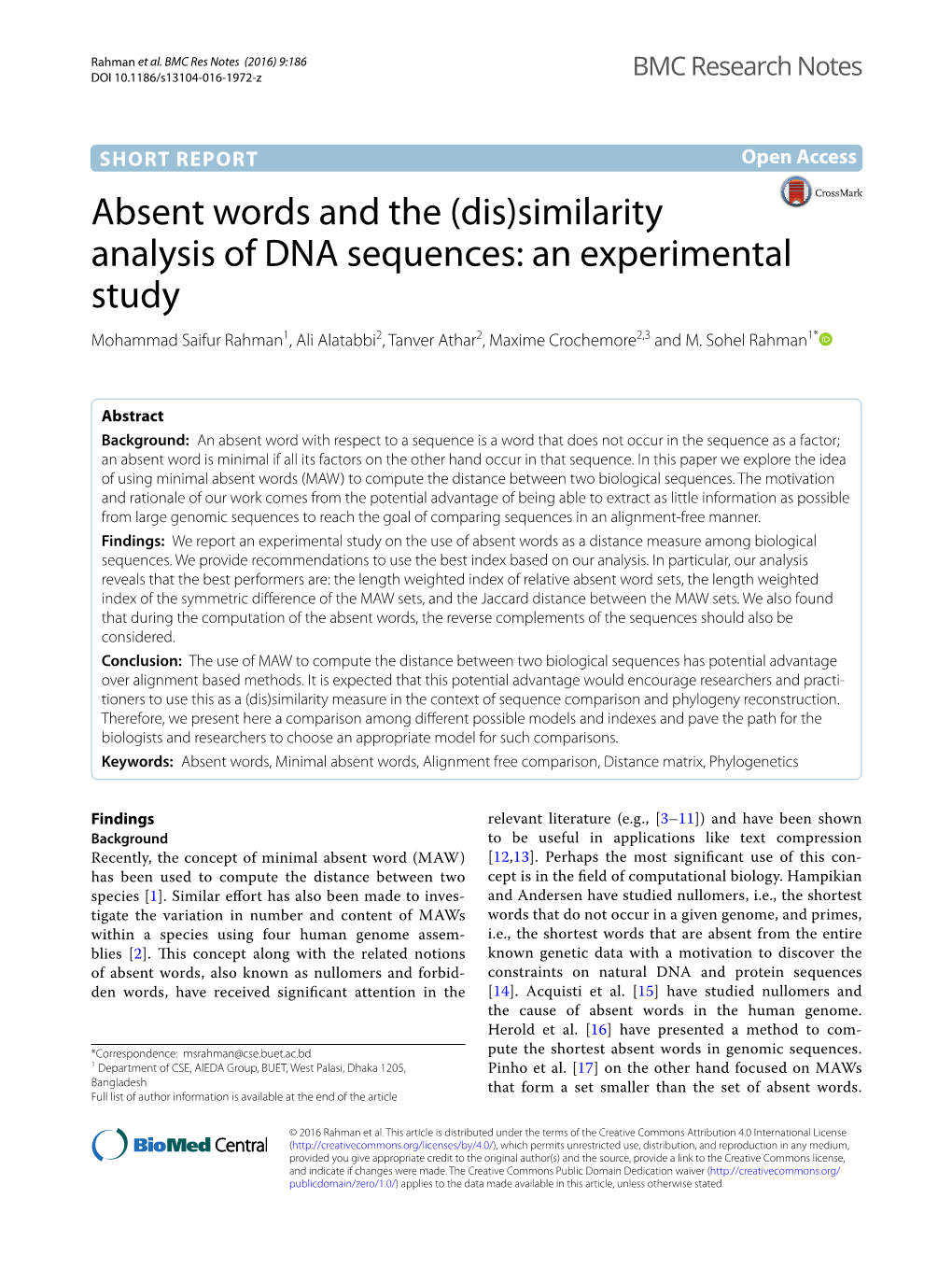 Absent Words and the (Dis)Similarity Analysis of DNA Sequences: an Experimental Study