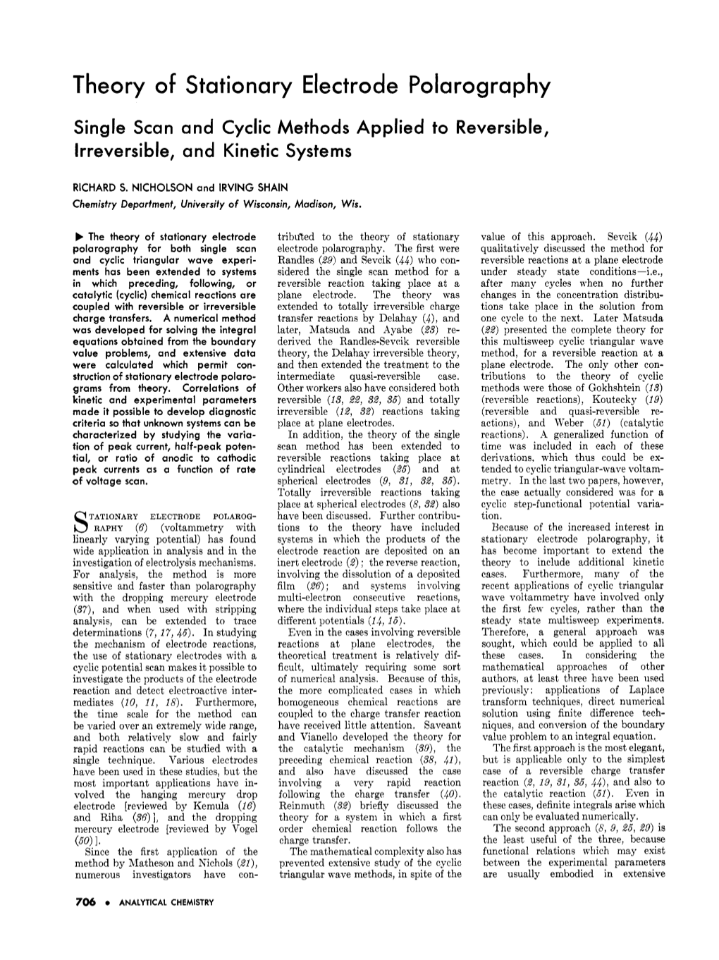Shain and Nicholson 1964 Paper on Cyclic Voltmmetry