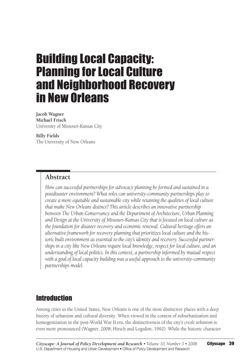 Planning for Local Culture and Neighborhood Recovery in New Orleans