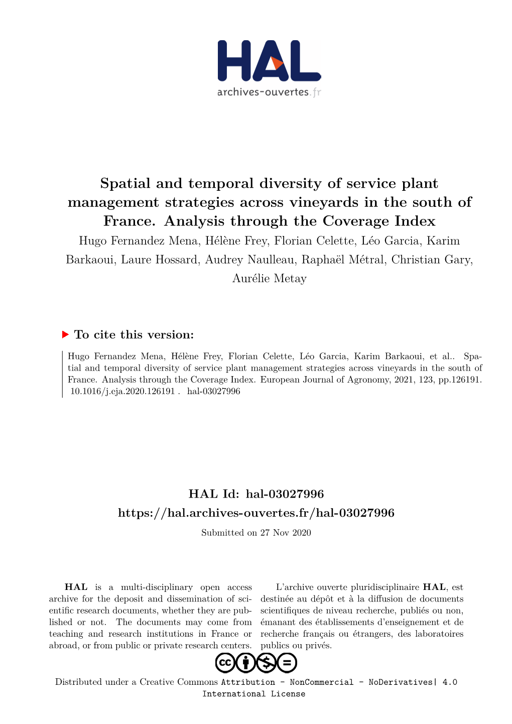 Spatial and Temporal Diversity of Service Plant Management Strategies Across Vineyards in the South of France