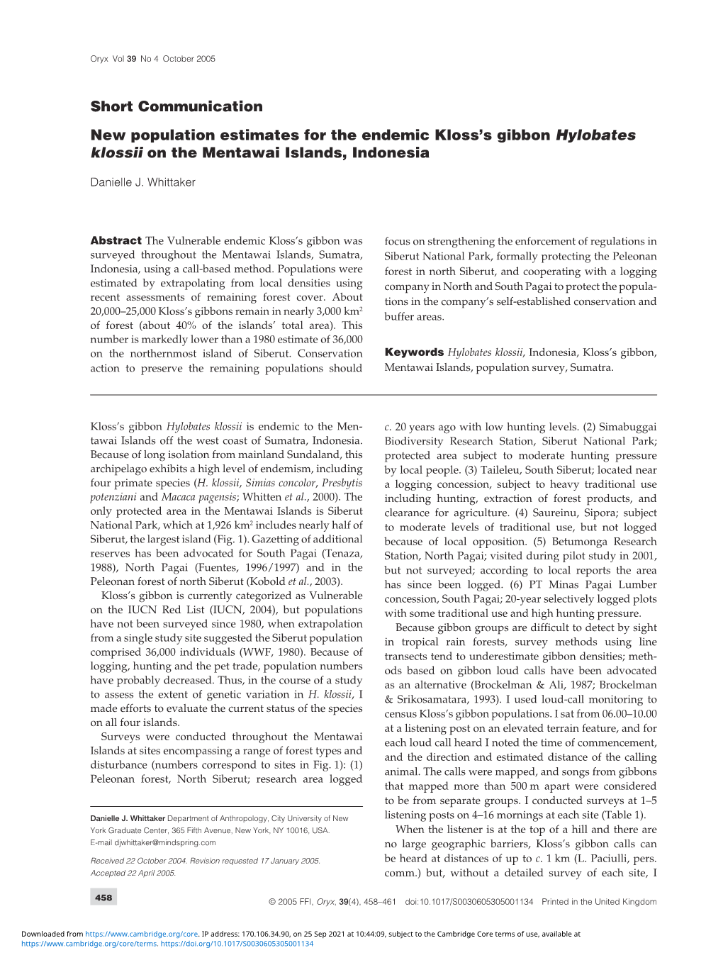 New Population Estimates for the Endemic Kloss's Gibbon Hylobates