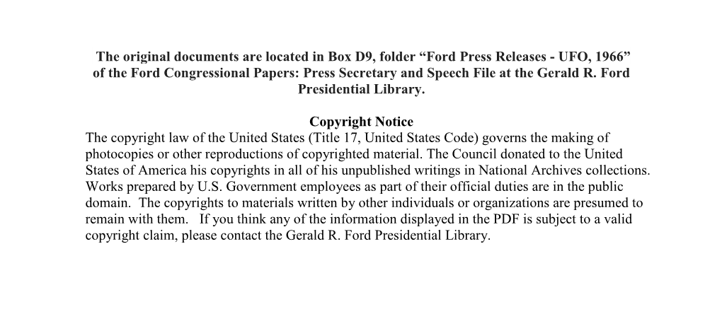 Ford Press Releases - UFO, 1966” of the Ford Congressional Papers: Press Secretary and Speech File at the Gerald R