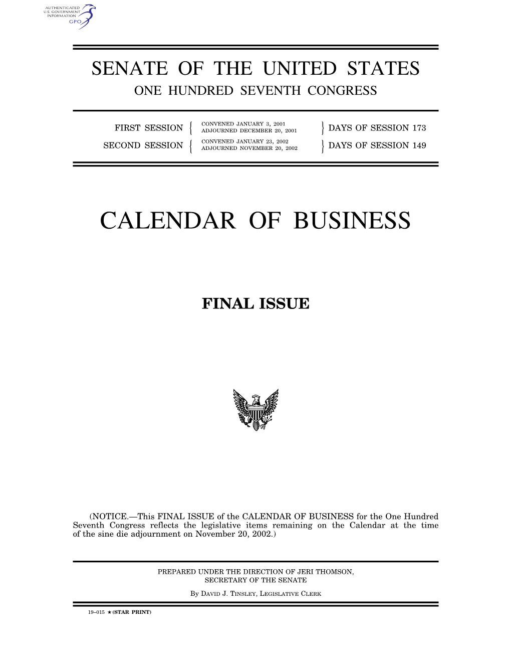 Calendar of Business