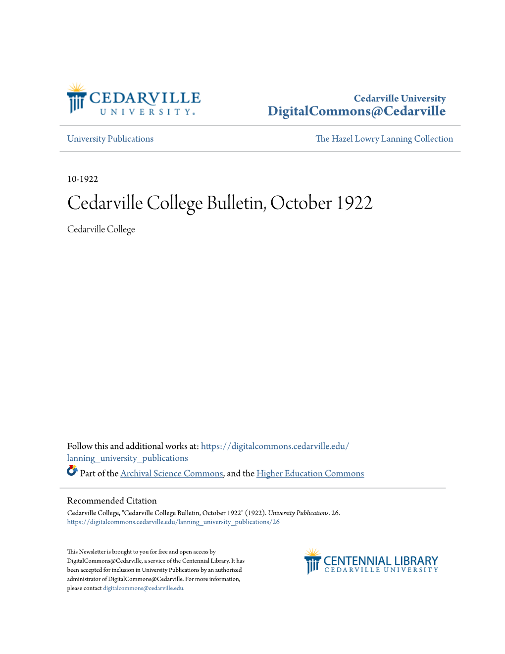 Cedarville College Bulletin, October 1922 Cedarville College