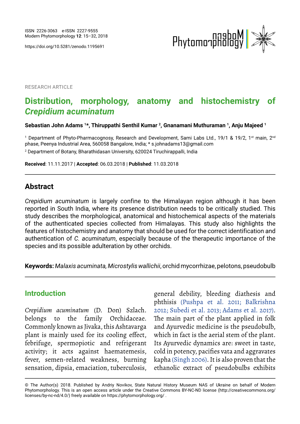 Distribution, Morphology, Anatomy and Histochemistry of Crepidium Acuminatum