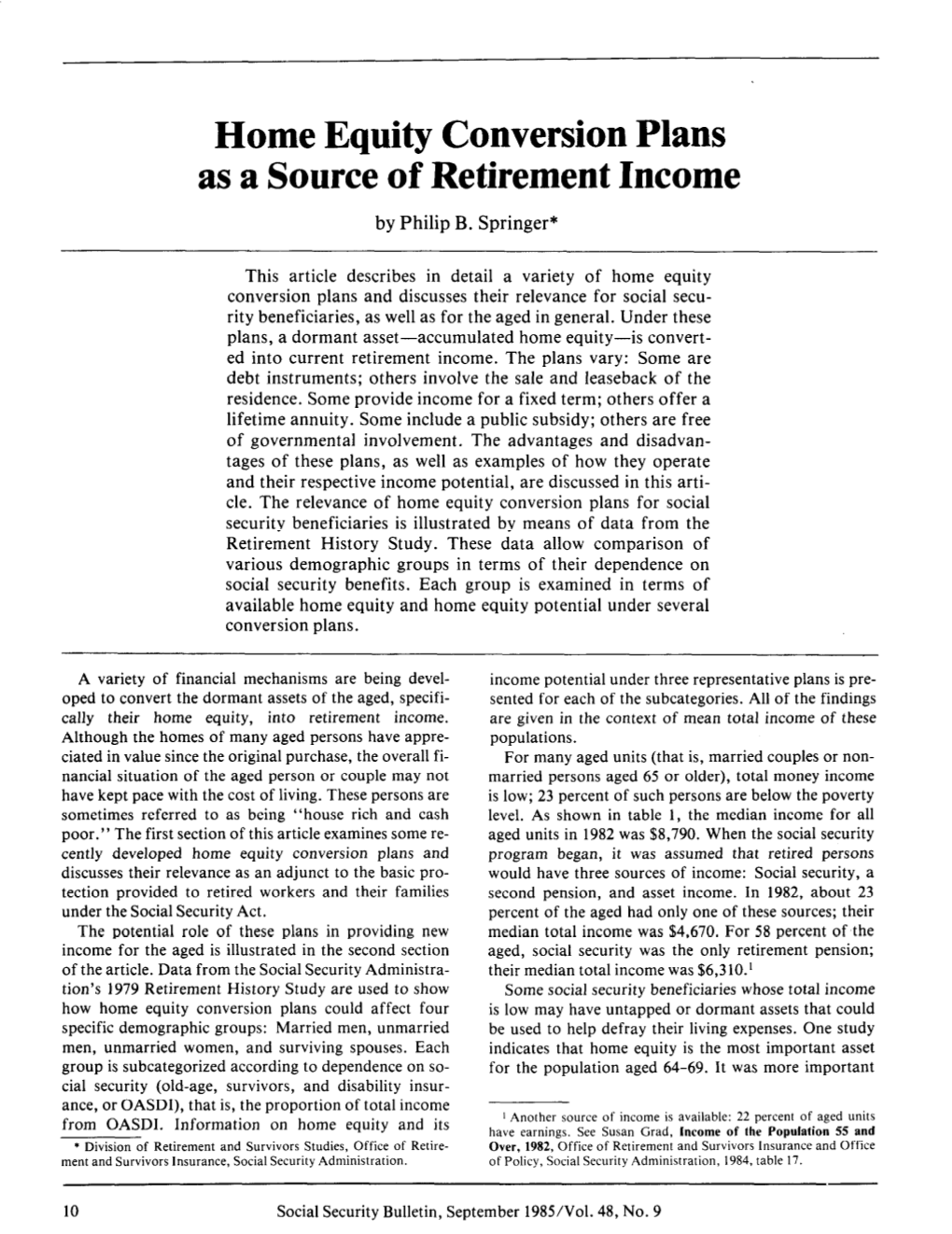 Home Equity Conversion Plans As a Source of Retirement Income by Philip B