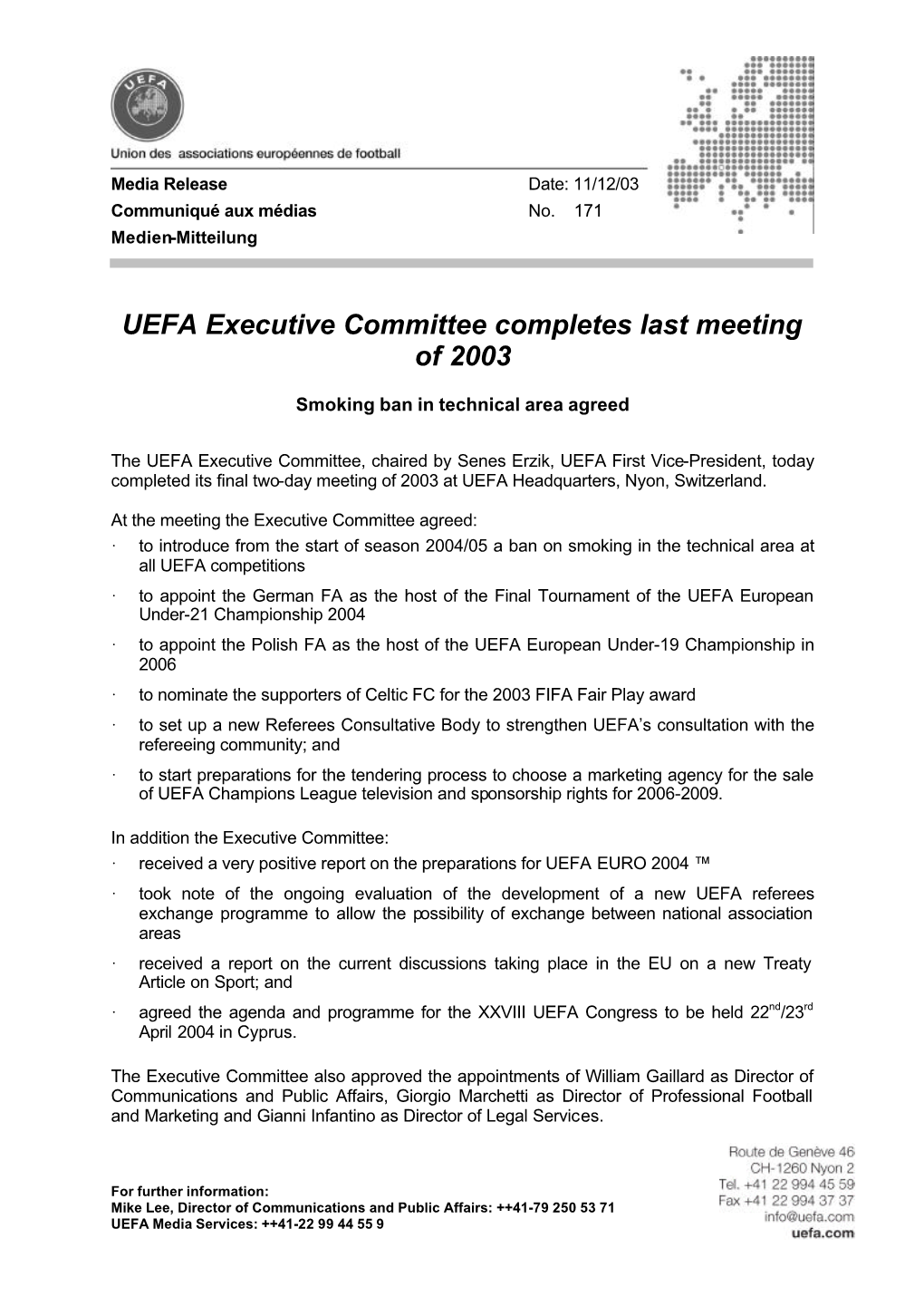 UEFA Executive Committee Completes Last Meeting of 2003