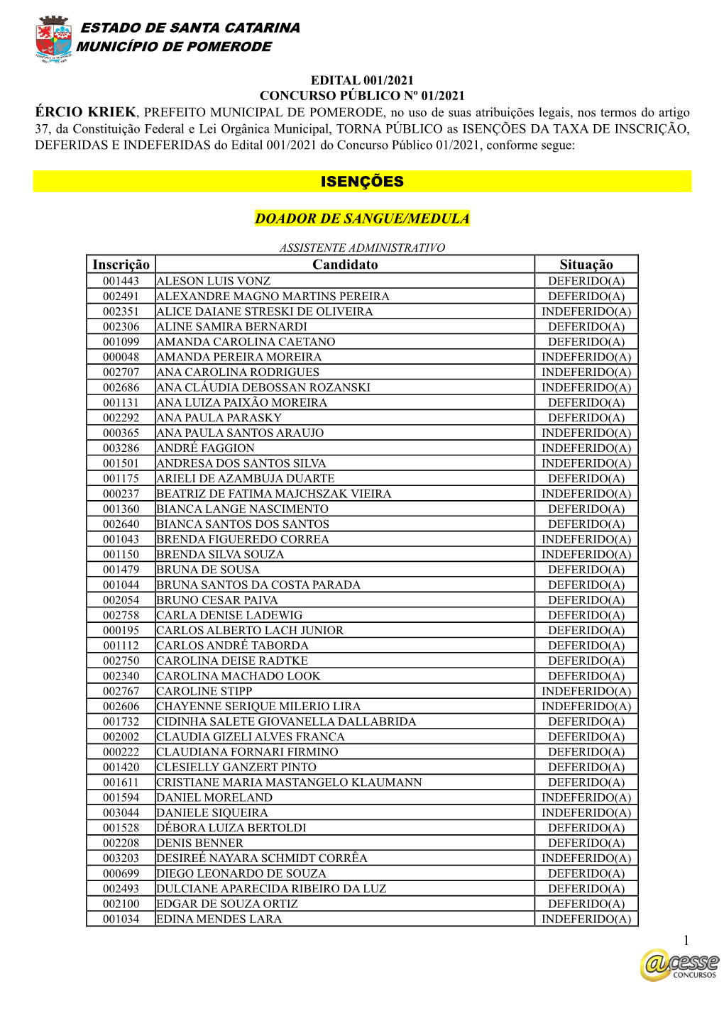 1 ISENÇÕES DOADOR DE SANGUE/MEDULA Inscrição Candidato Situação