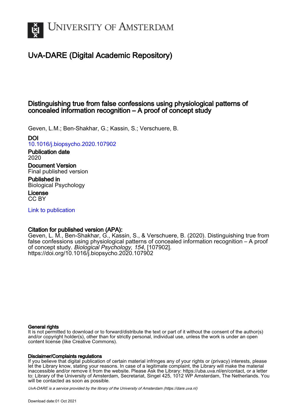 Distinguishing True from False Confessions Using Physiological Patterns of Concealed Information Recognition – a Proof of Concept Study