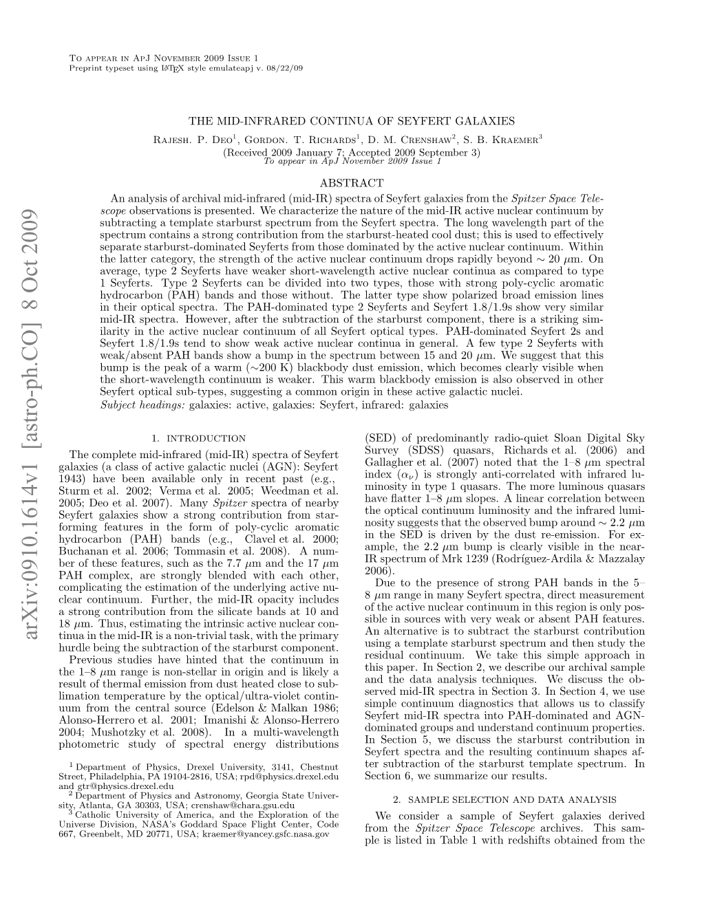 Arxiv:0910.1614V1 [Astro-Ph.CO] 8 Oct 2009 Nvredvso,NS’ Odr Pc Lgtcne,Cod Center, Kraemer@Yancey.Gsfc.Nasa