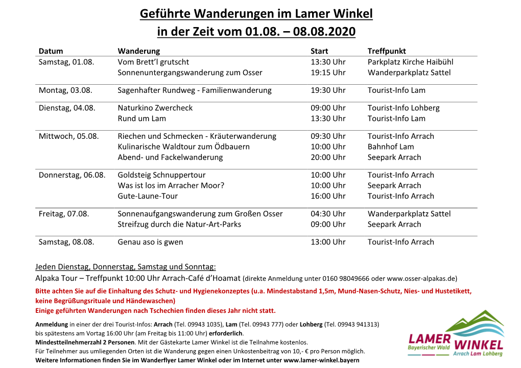 Geführte Wanderungen Im Lamer Winkel in Der Zeit Vom 01.08