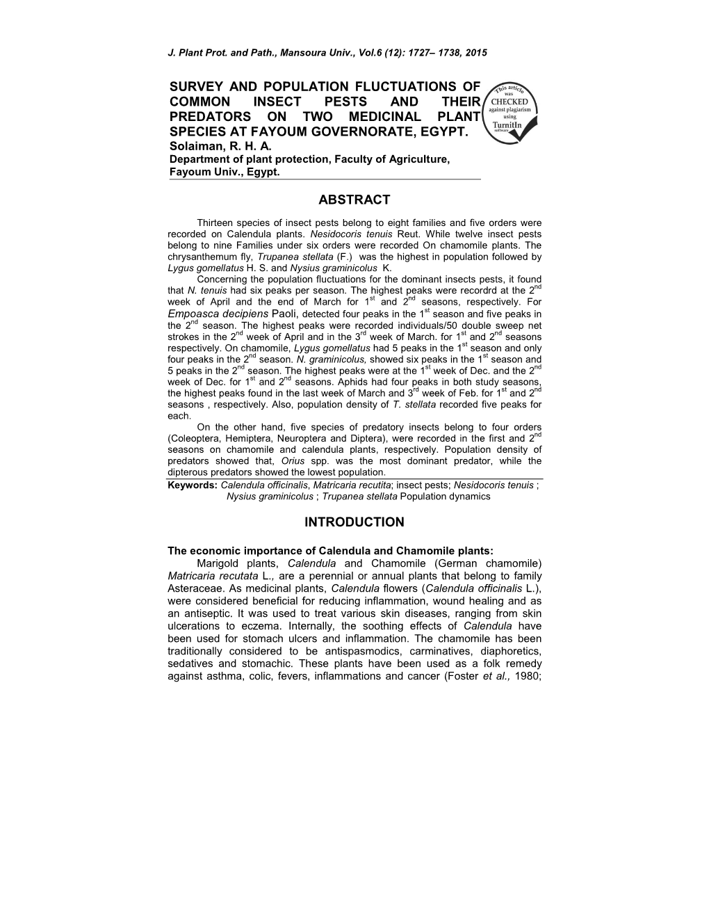 Survey and Population Fluctuations of Common Insect Pests and Their Predators on Two Medicinal Plant Species at Fayoum Governorate, Egypt