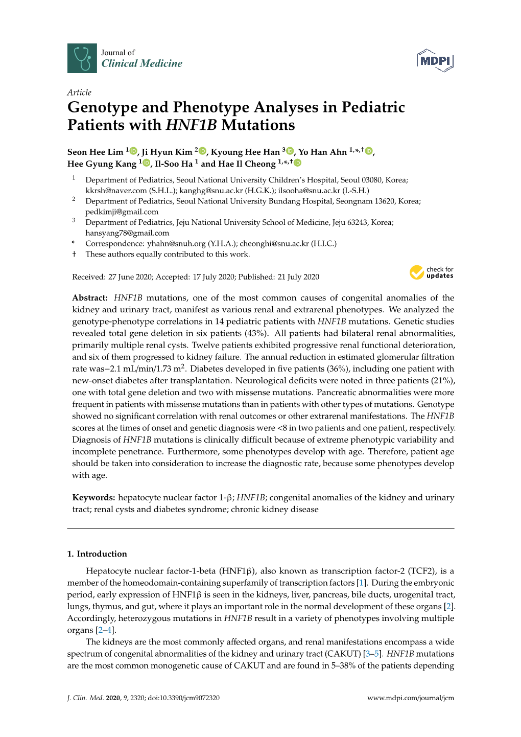 Genotype and Phenotype Analyses in Pediatric Patients with HNF1B Mutations