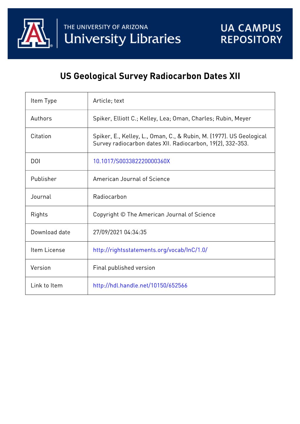 US Geological Survey Radiocarbon Dates XII
