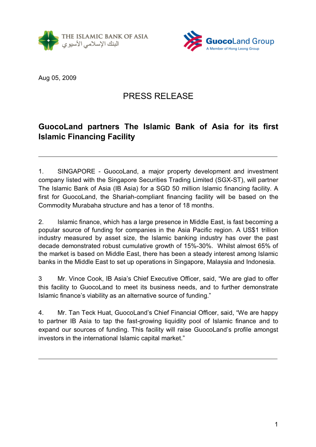 IB Asia -Guocoland Joint Press Release 5Aug09