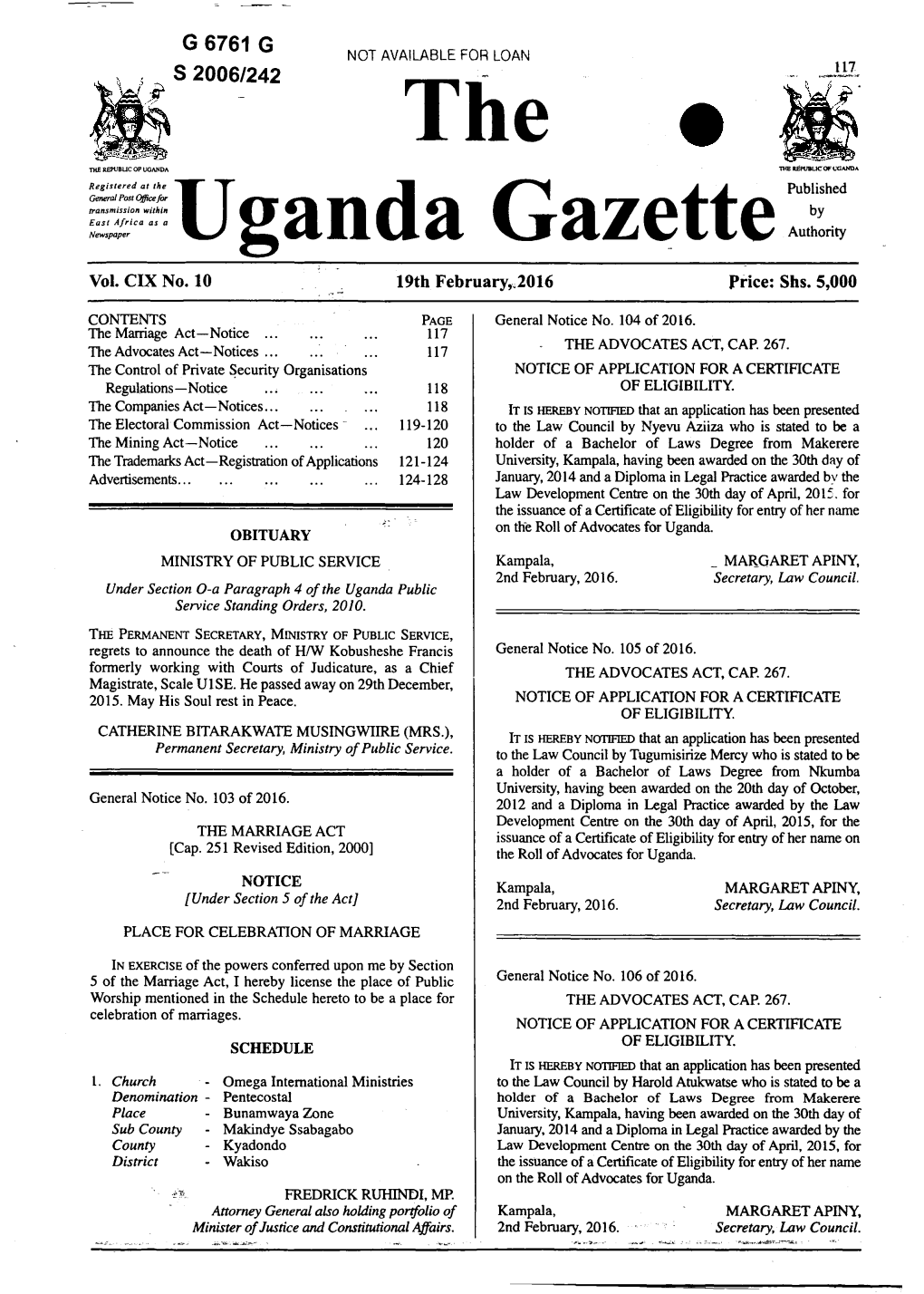 THE UGANDA GAZETTE [19Th February