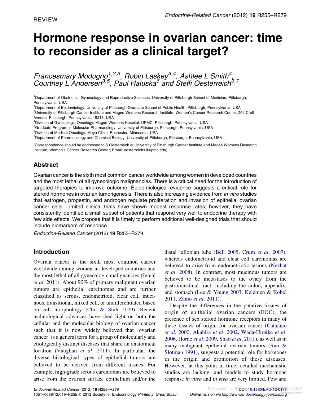 Hormone Response in Ovarian Cancer: Time to Reconsider As a Clinical Target?