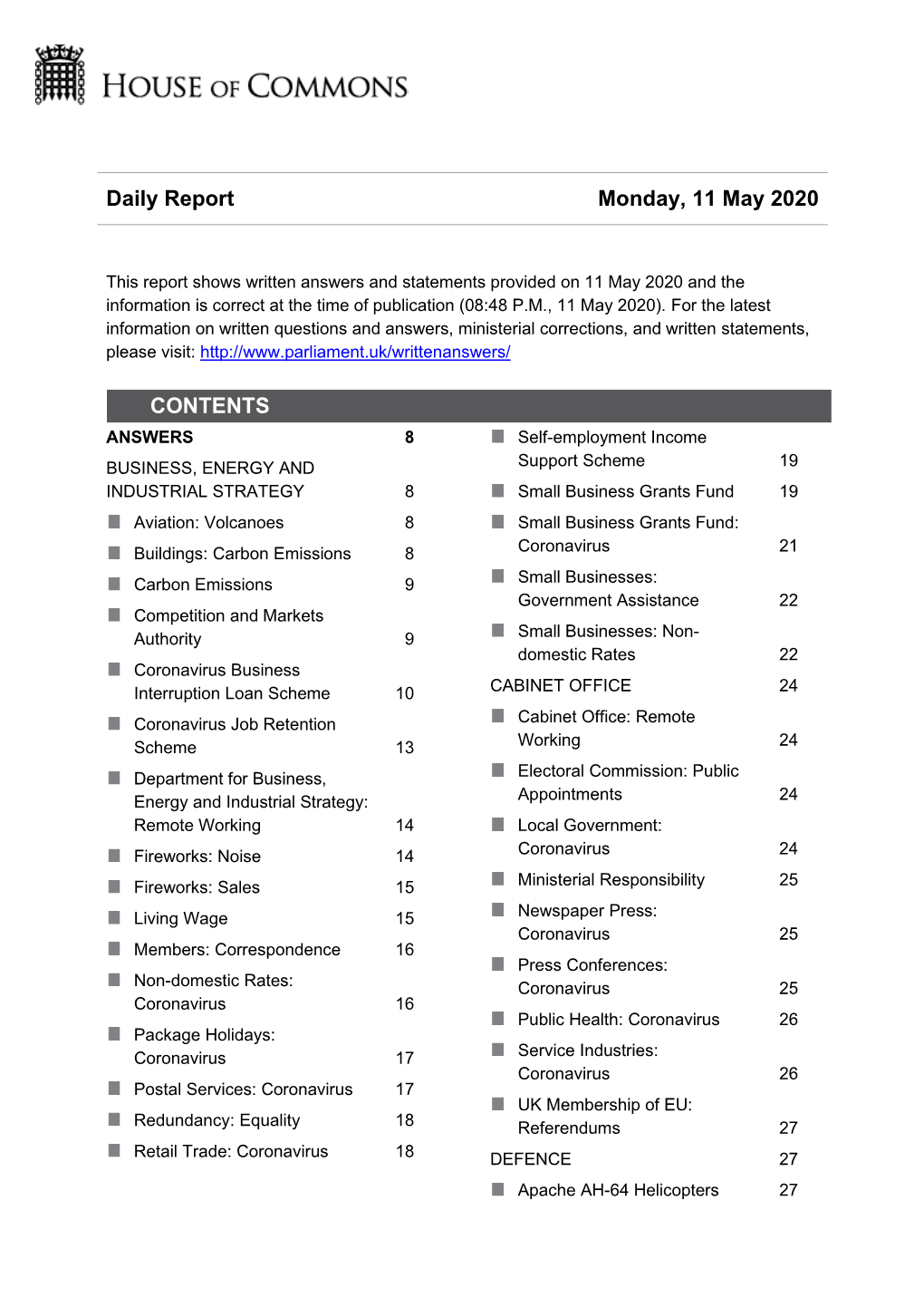 Daily Report Monday, 11 May 2020 CONTENTS