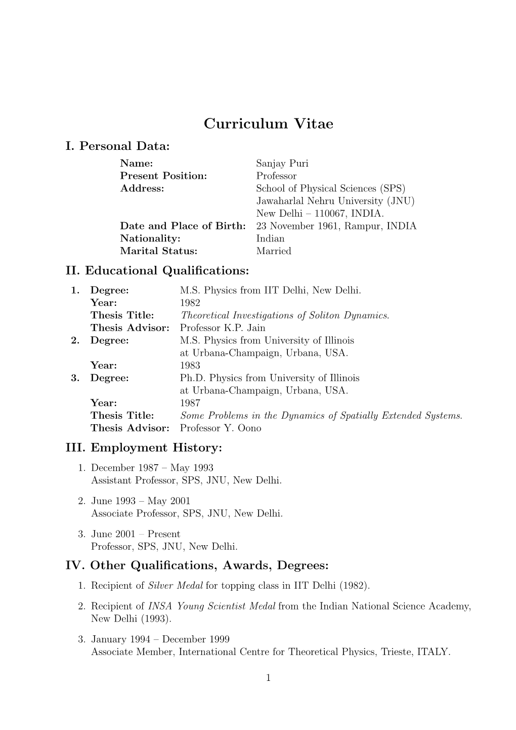 Curriculum Vitae I