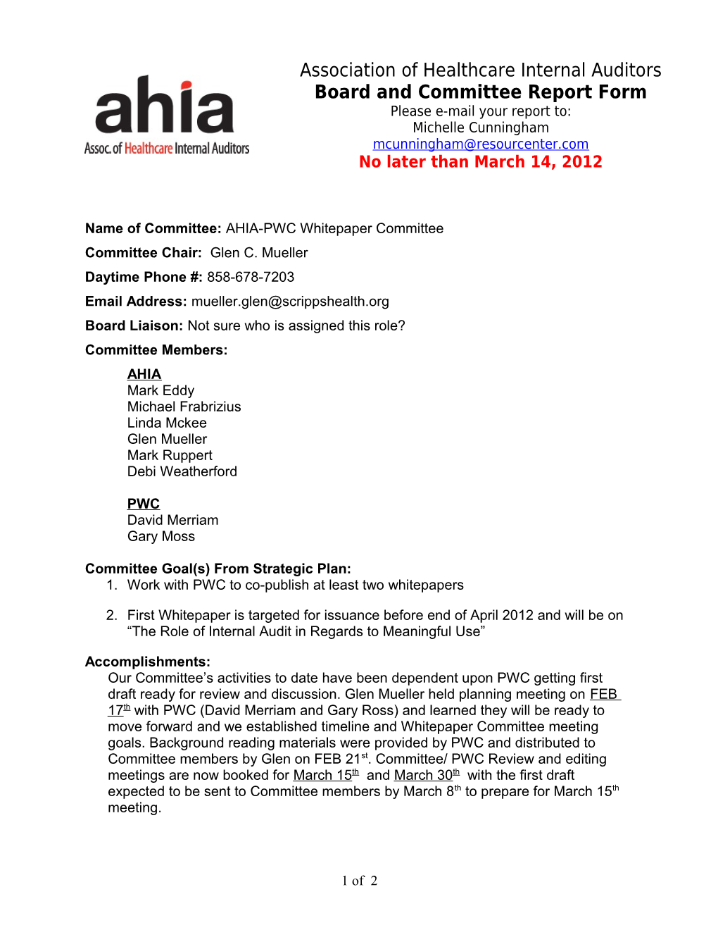 AHIA Board Report