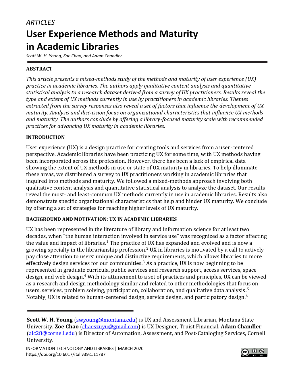 User Experience Methods and Maturity in Academic Libraries Scott W