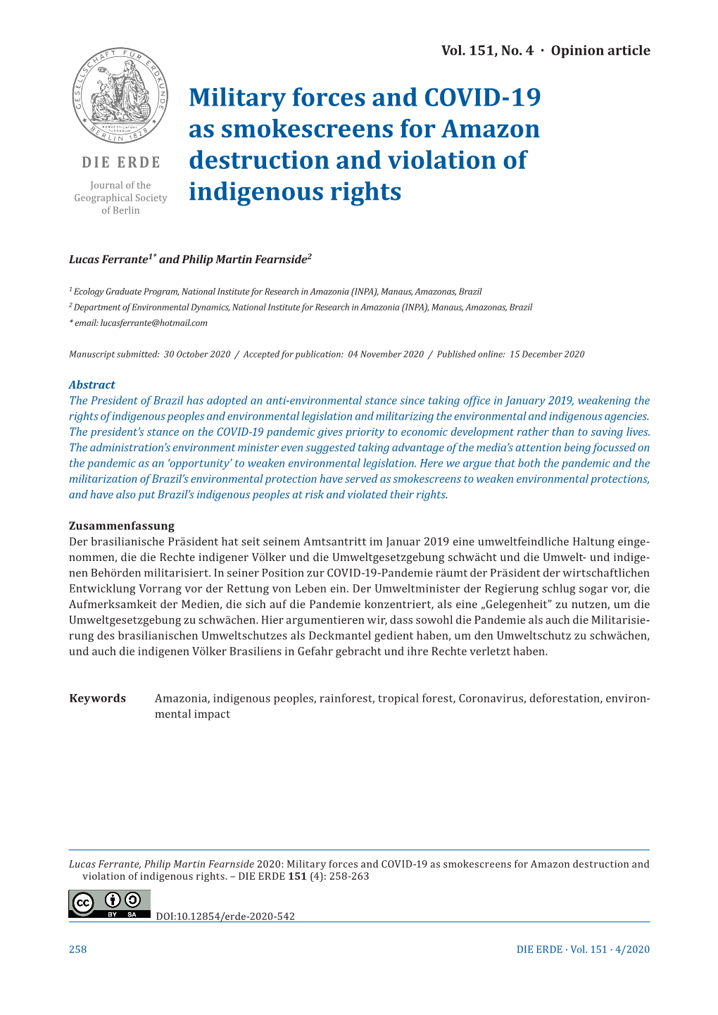 Military Forces and COVID-19 As Smokescreens for Amazon DIE ERDE Destruction and Violation of Journal of the Geographical Society Indigenous Rights of Berlin