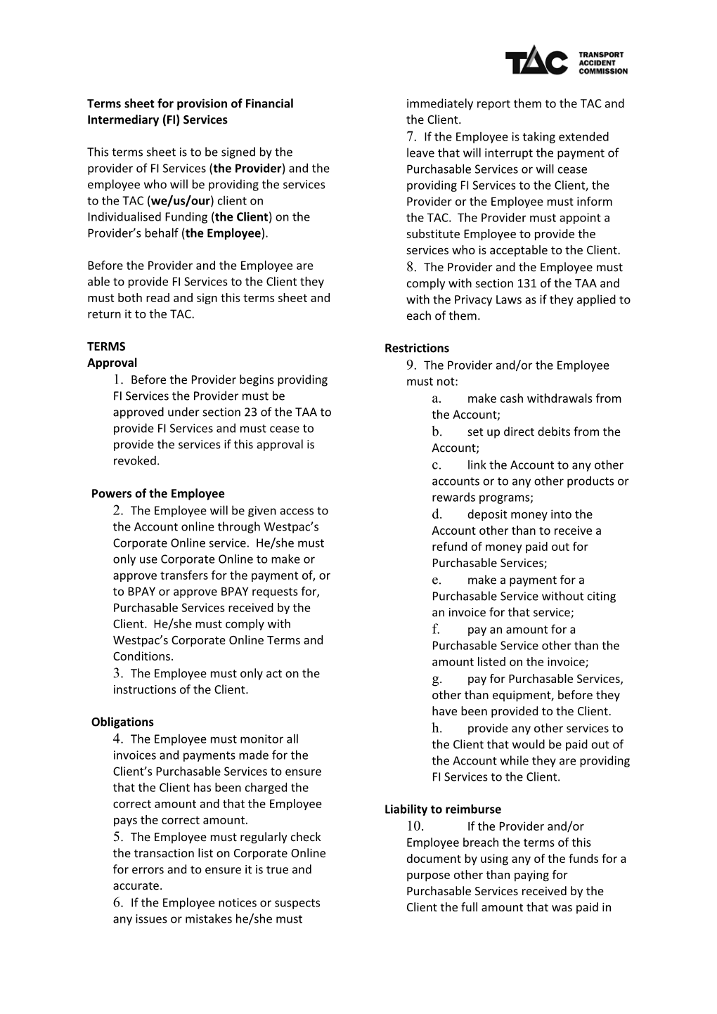 Ter Ms Sheet for Provision of Financial Intermediary (FI) Services