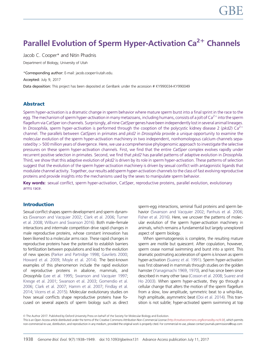 Parallel Evolution of Sperm Hyper-Activation Ca Channels