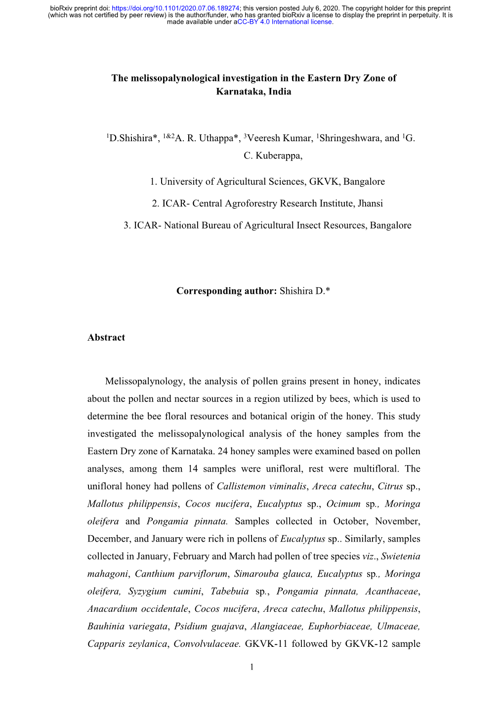 The Melissopalynological Investigation in the Eastern Dry Zone of Karnataka, India