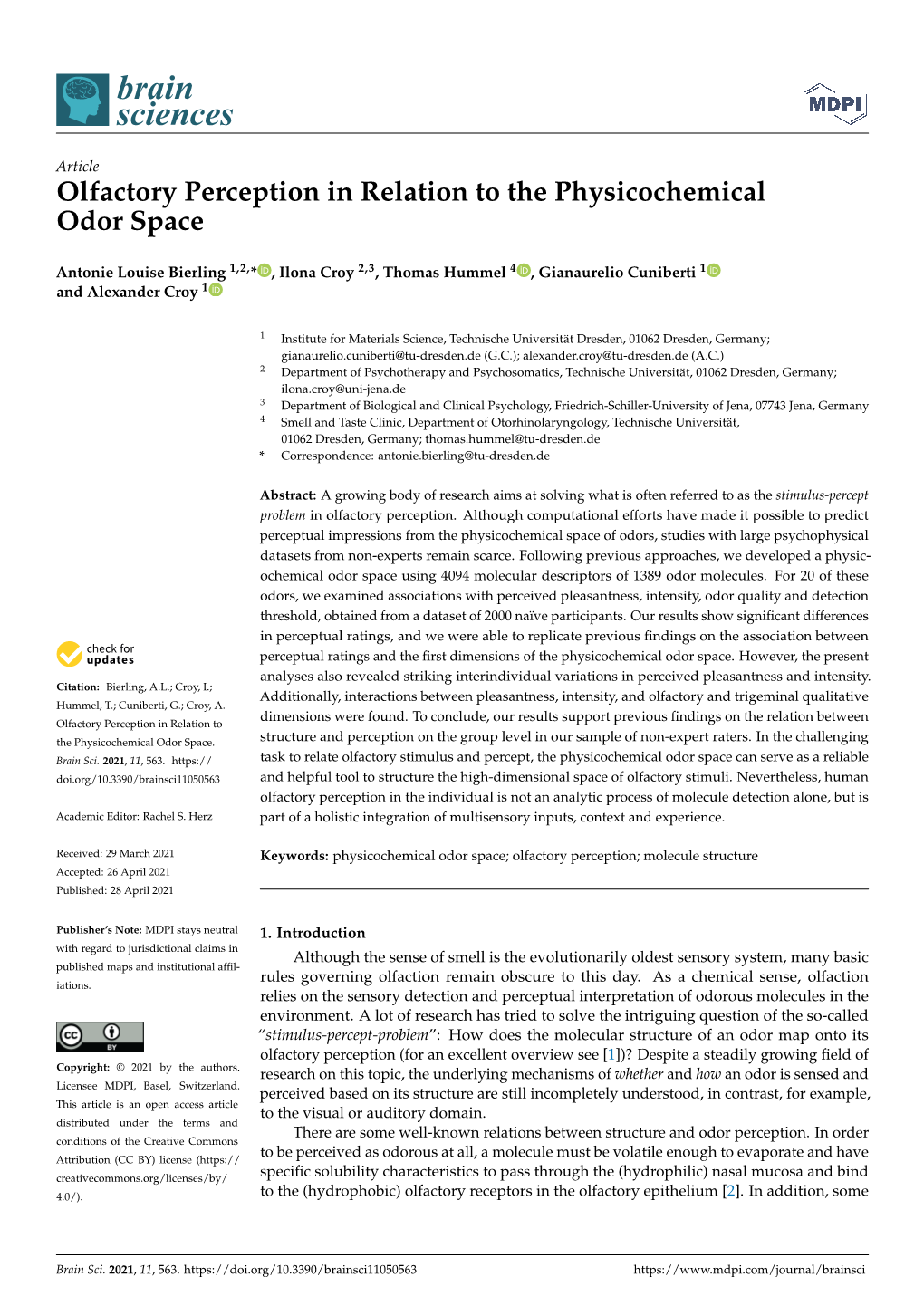 Olfactory Perception in Relation to the Physicochemical Odor Space