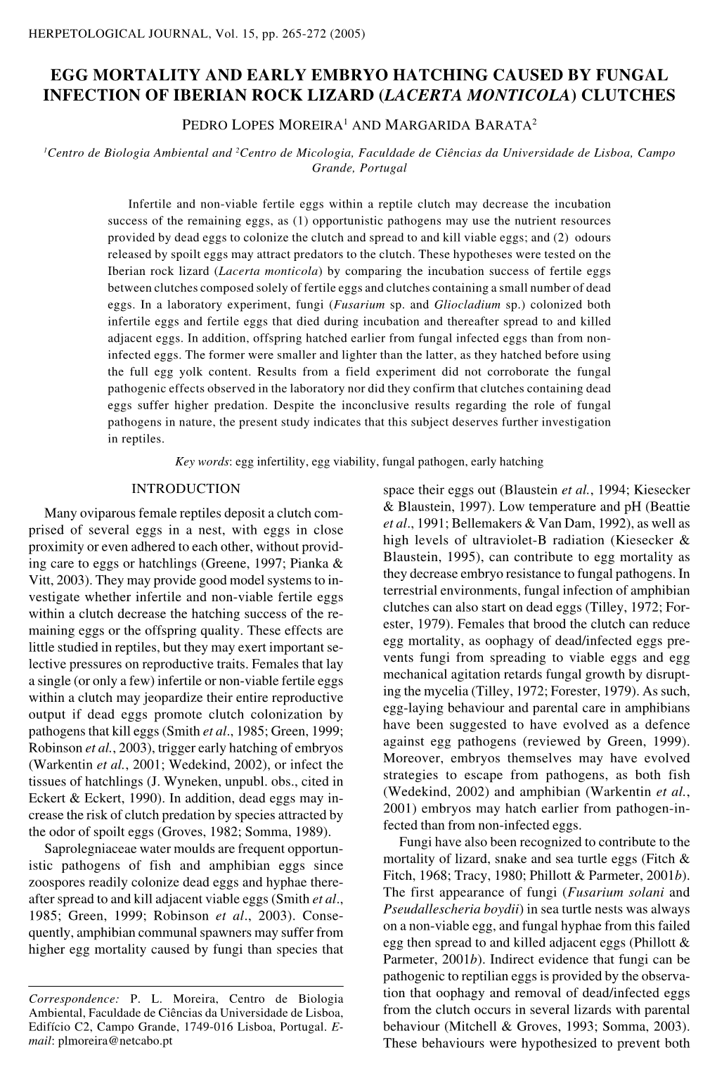 Egg Mortality and Early Embryo Hatching Caused by Fungal Infection of Iberian Rock Lizard (Lacerta Monticola) Clutches