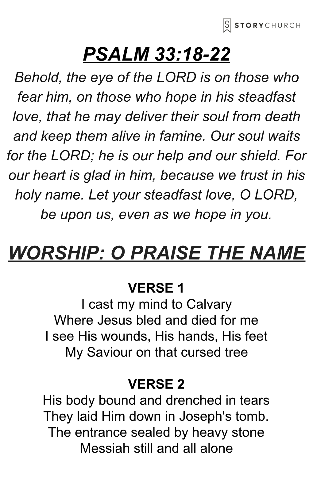 Psalm 33:18-22 Worship: O Praise the Name