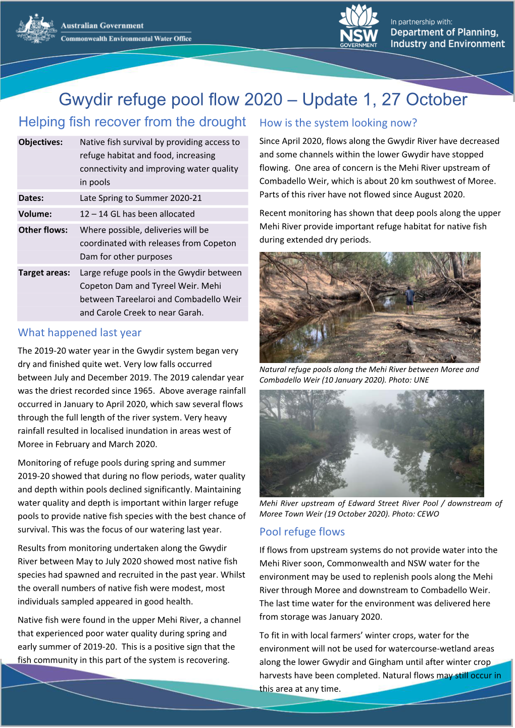 Gwydir Refuge Pool Flow 2020 – Update 1, 27 October