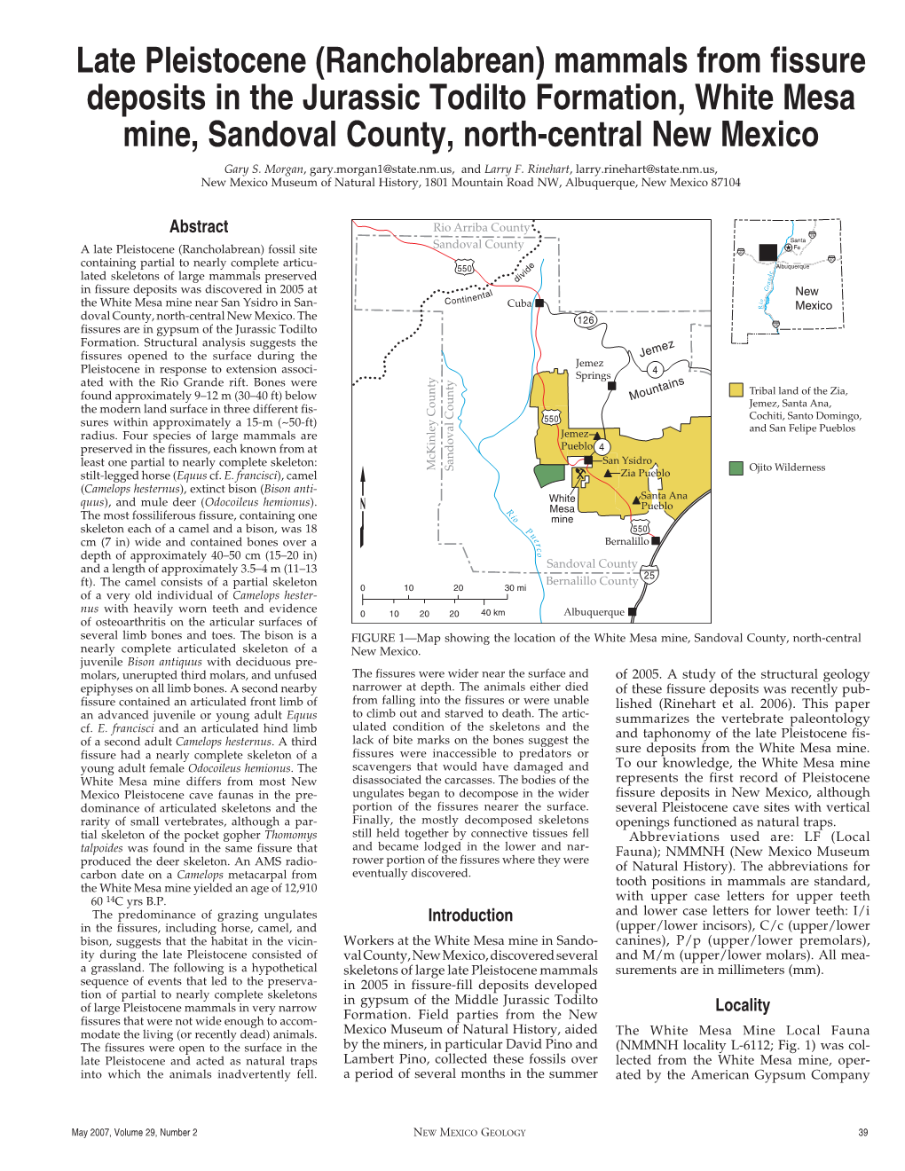 Late Pleistocene (Rancholabrean) Mammals from Fissure Deposits in the Jurassic Todilto Formation, White Mesa Mine, Sandoval County, North-Central New Mexico Gary S