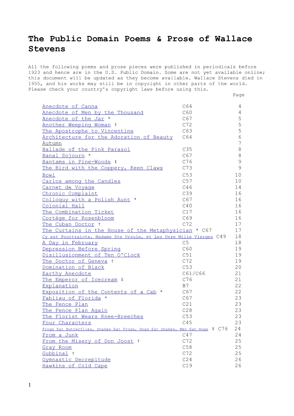 The Public Domain Poems & Prose of Wallace Stevens