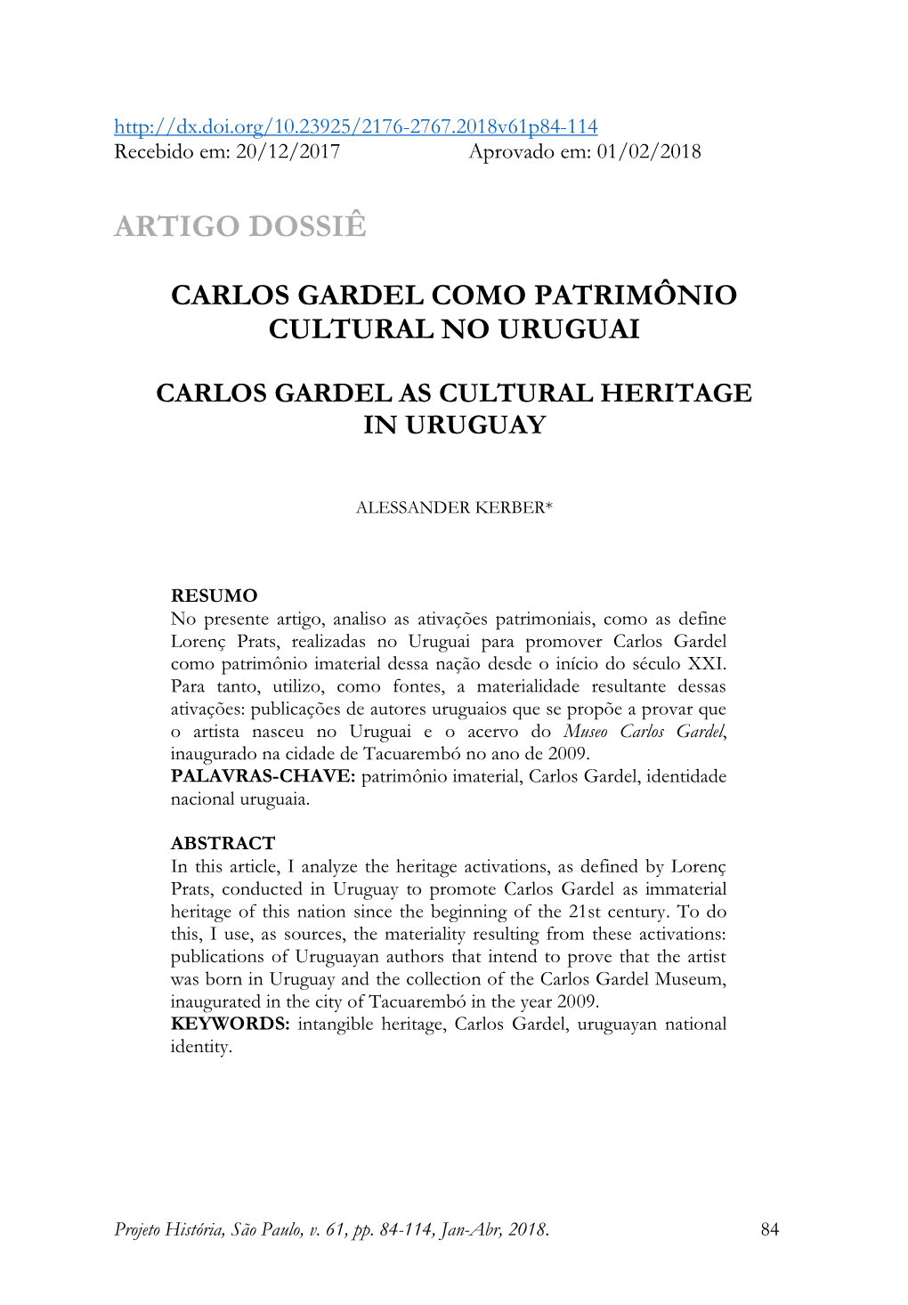 Artigo Dossiê Carlos Gardel Como Patrimônio Cultural No Uruguai