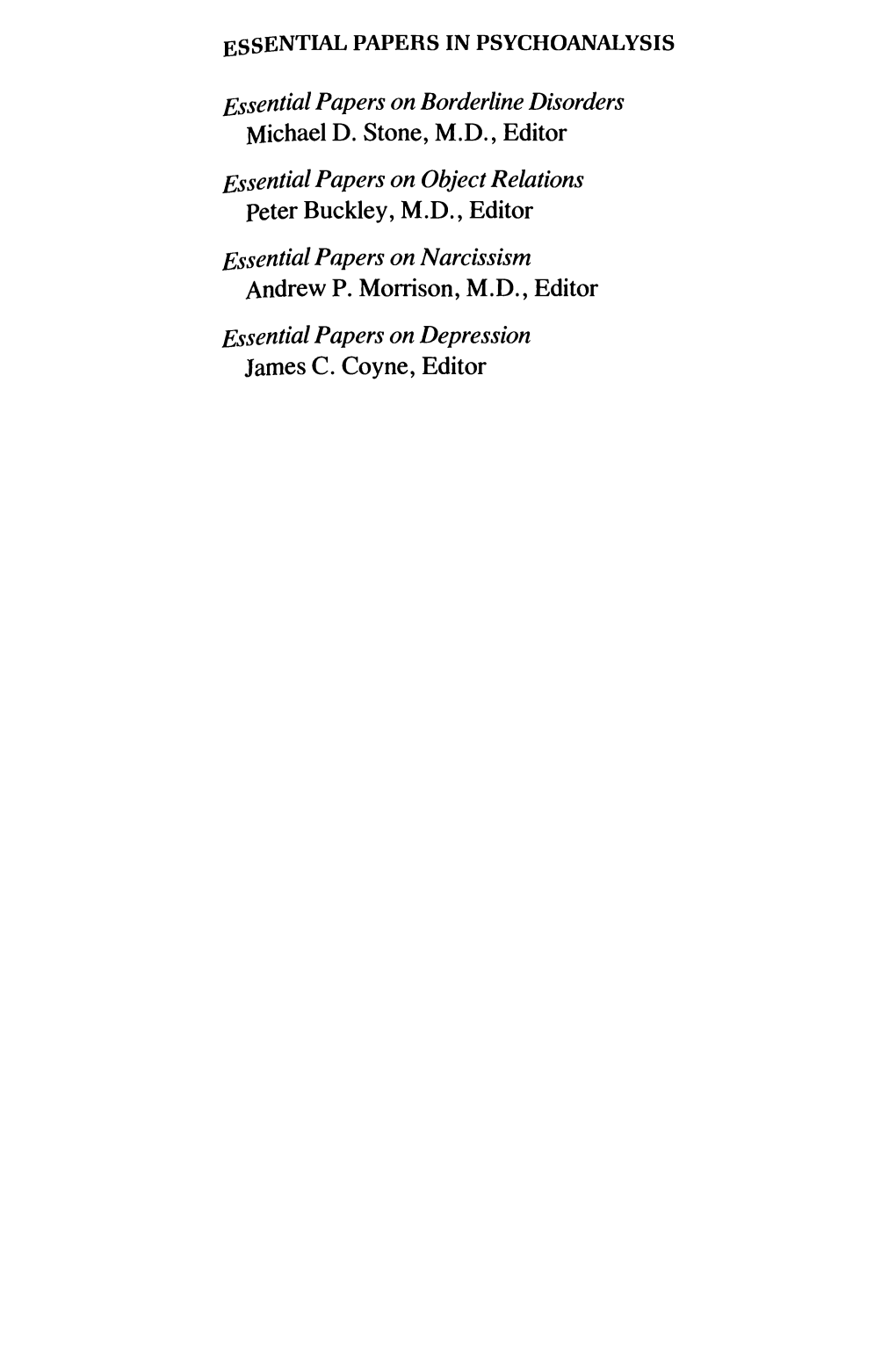 Essential Papers on Object Relations Peter Buckley, M.D