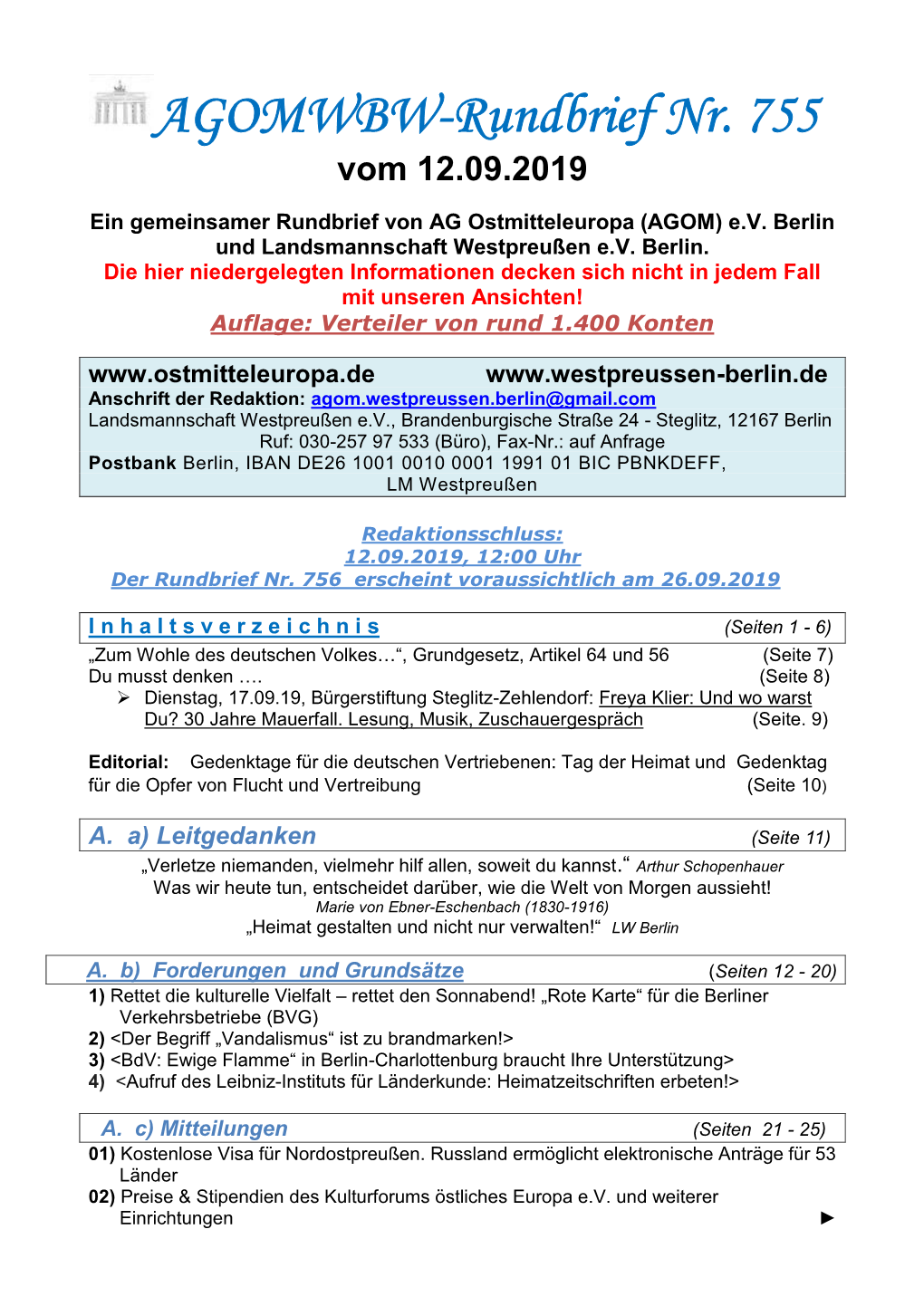 AGOMWBW-Rundbrief Nr. 755 Vom 12.09.2019