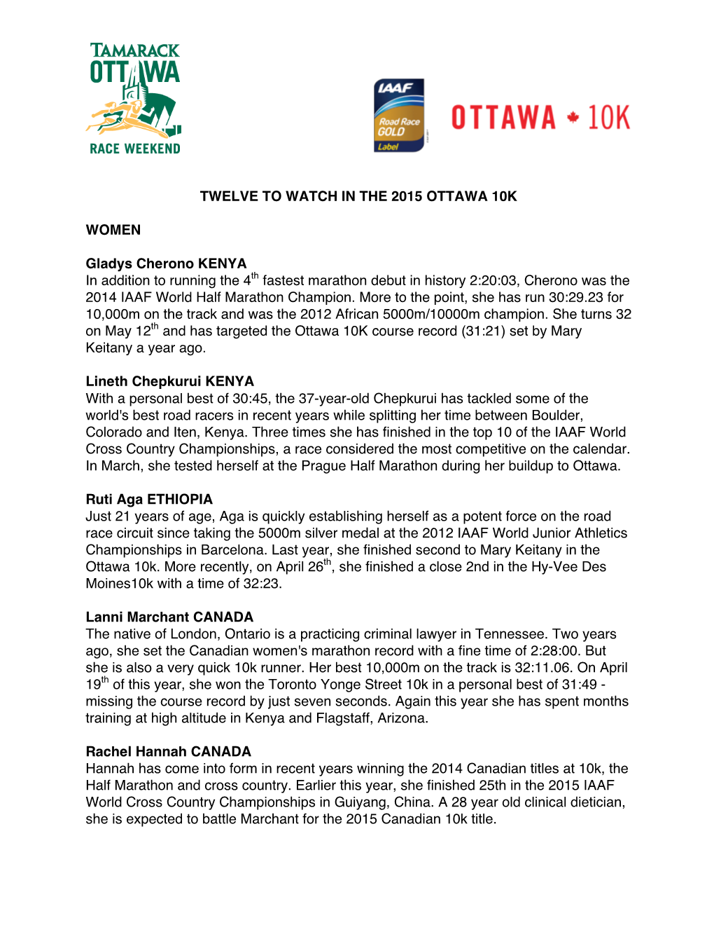 TWELVE to WATCH in the 2015 OTTAWA 10K WOMEN Gladys