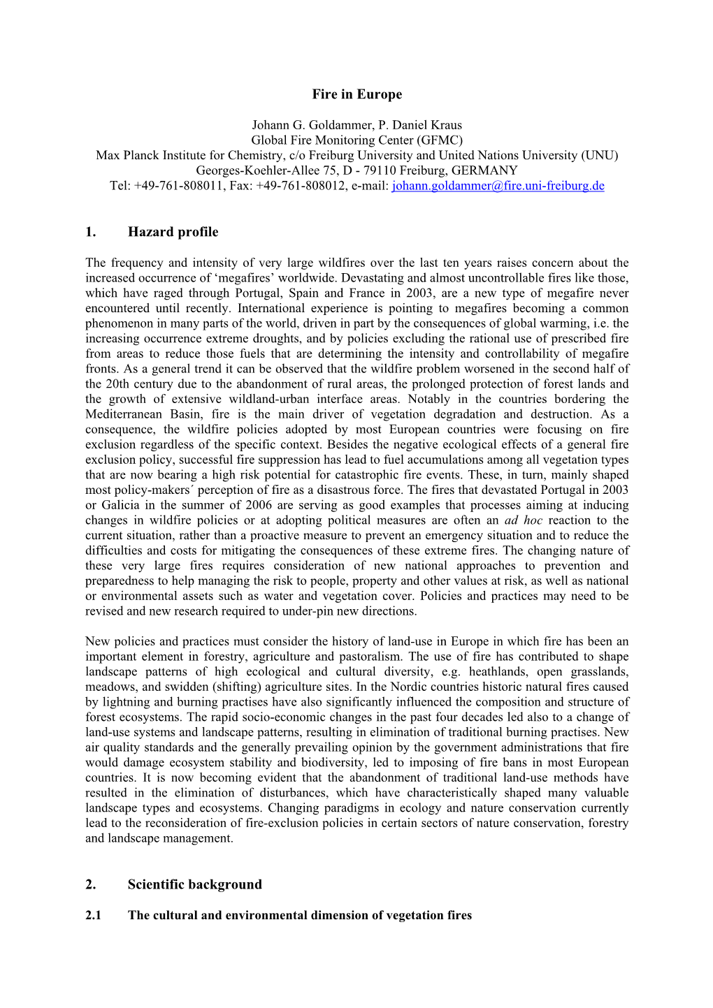 Fire in Europe 1. Hazard Profile 2. Scientific Background