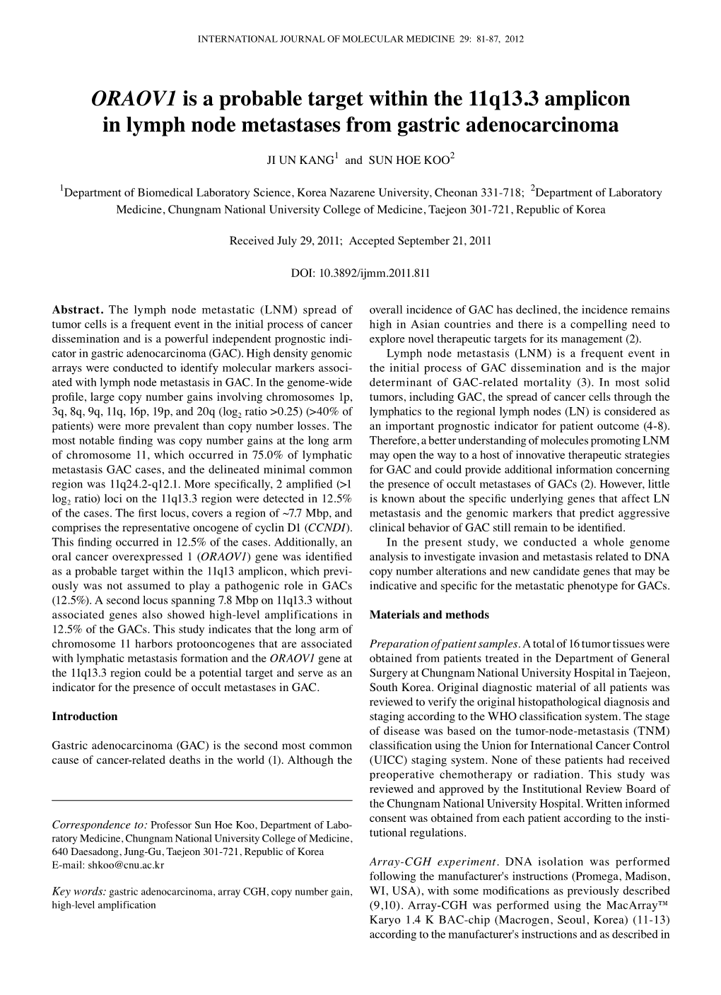 ORAOV1 Is a Probable Target Within the 11Q13.3 Amplicon in Lymph Node Metastases from Gastric Adenocarcinoma