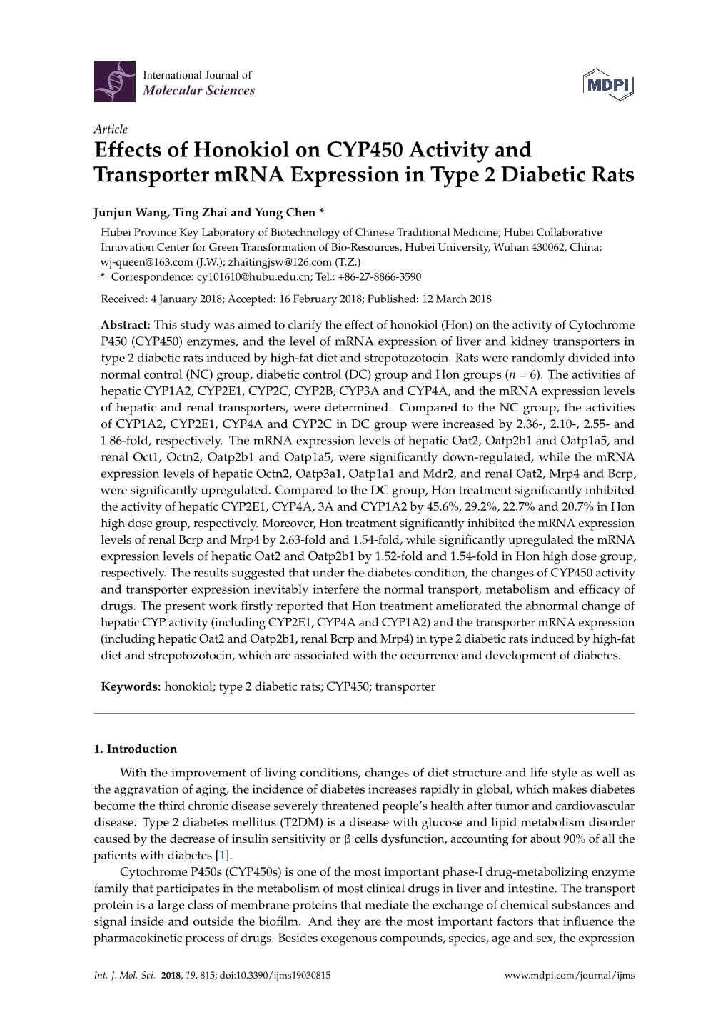 Effects of Honokiol on CYP450 Activity and Transporter Mrna Expression in Type 2 Diabetic Rats