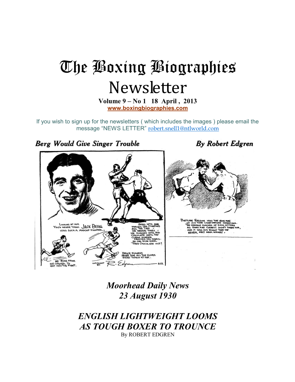 The Boxing Biographies Newsletter Volume 9 – No 1 18 April , 2013