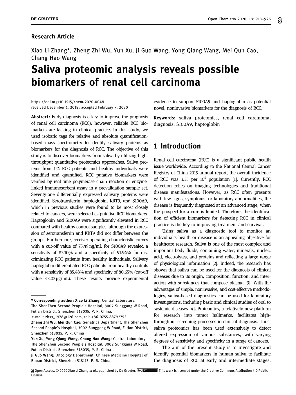 Saliva Proteomic Analysis Reveals Possible Biomarkers of Renal Cell