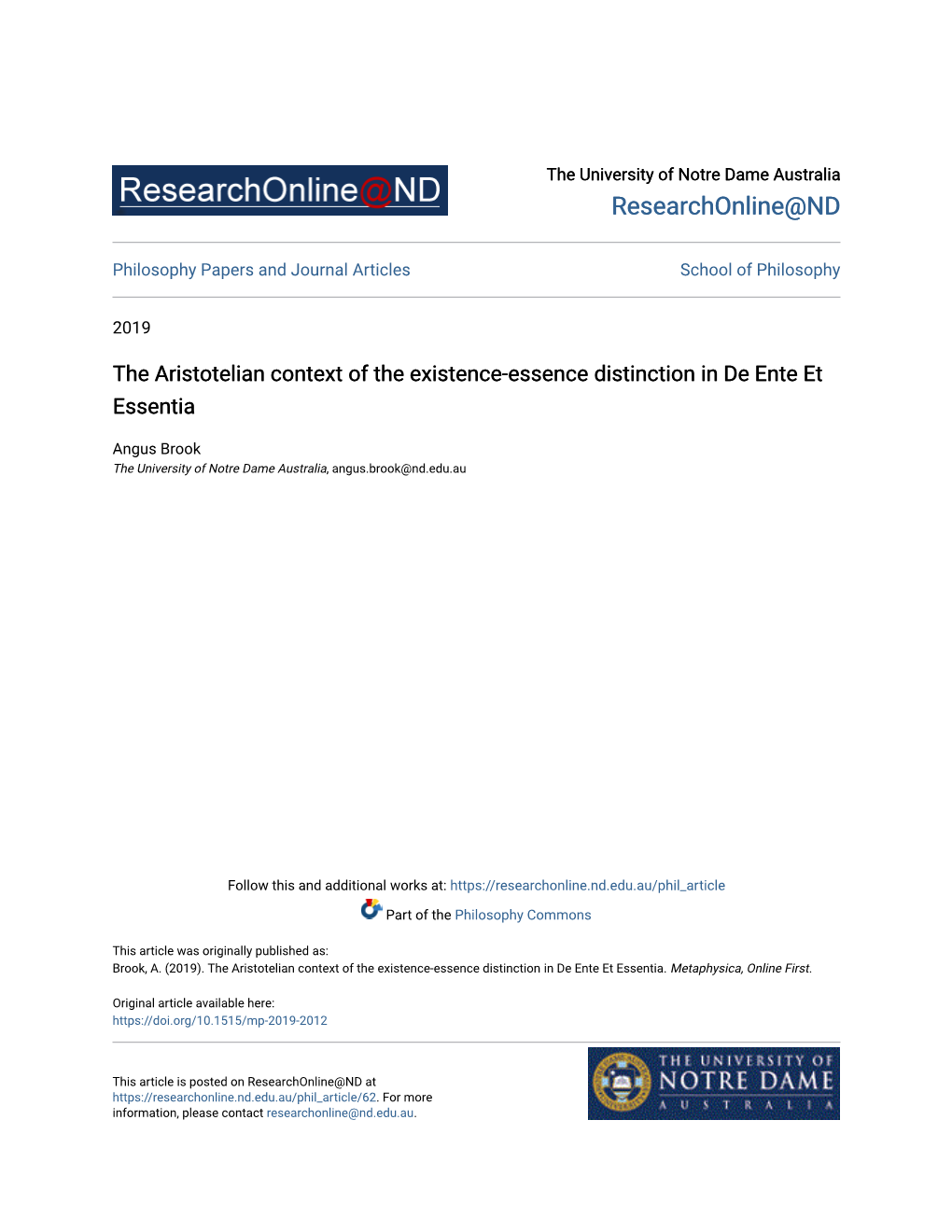 The Aristotelian Context of the Existence-Essence Distinction in De Ente Et Essentia